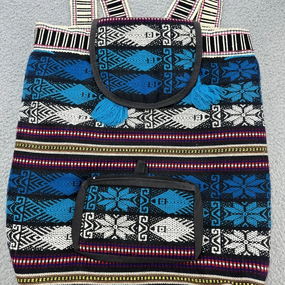Boho Woven Tribal Aztec Backpack Blue Black Tassel Lined Front Zip Pocket Hippie
